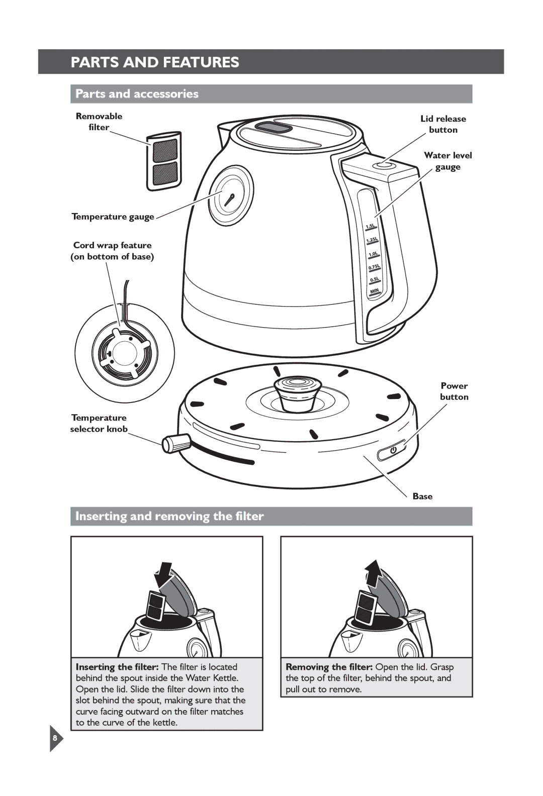 KitchenAid 5KEK1522 manual Parts and Features, Parts and accessories, Inserting and removing the filter 