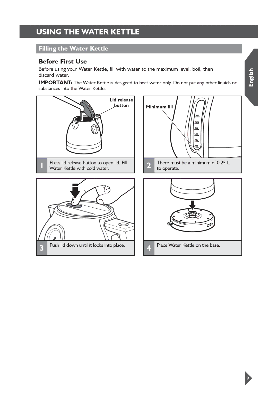 KitchenAid 5KEK1522 manual Using the water kettle, Filling the Water Kettle 