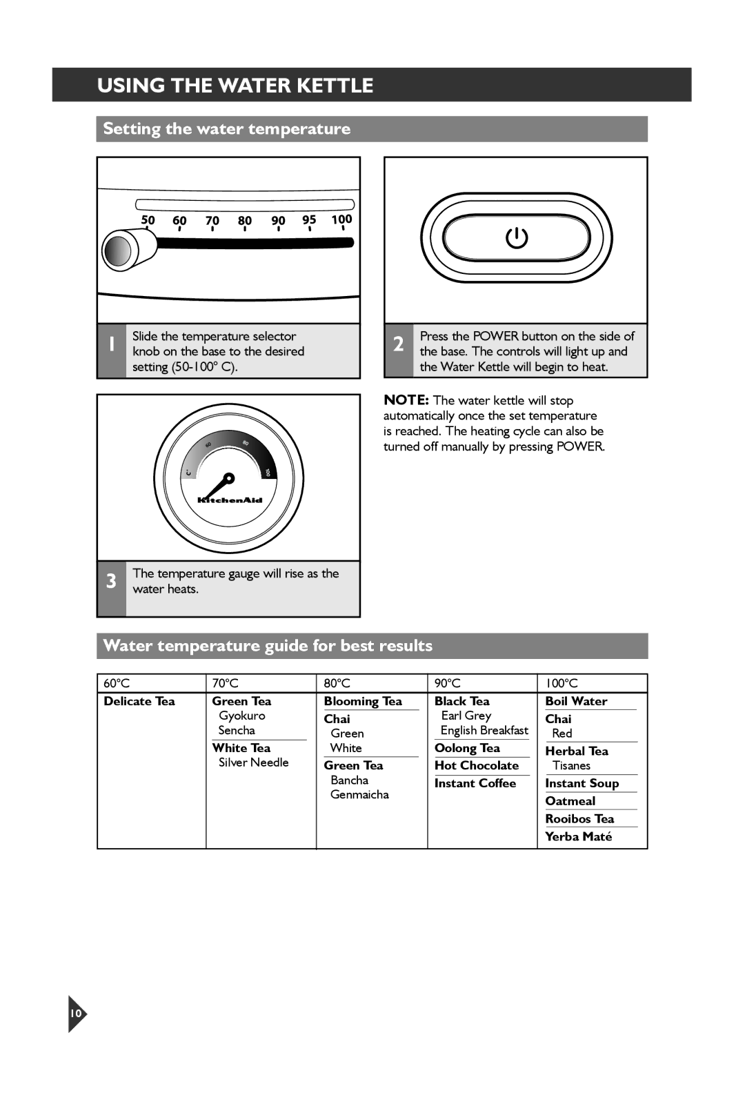 KitchenAid 5KEK1522 manual Setting the water temperature, Water temperature guide for best results 