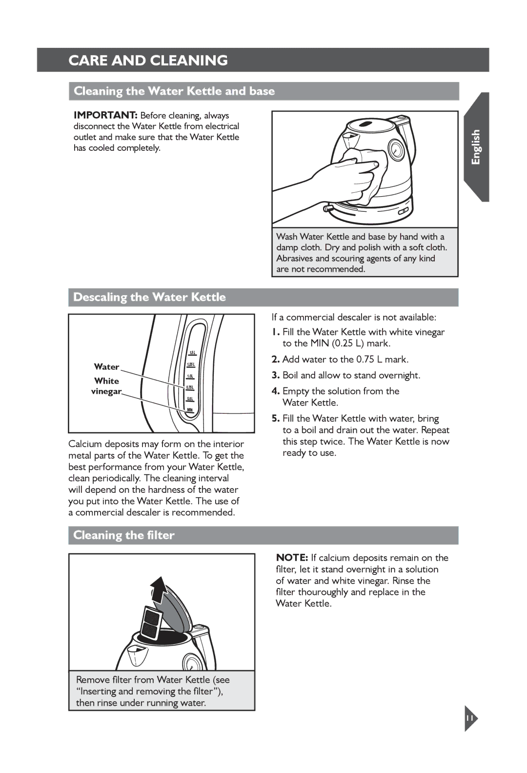 KitchenAid 5KEK1522 Care and cleaning, Cleaning the Water Kettle and base, Descaling the Water Kettle, Cleaning the filter 