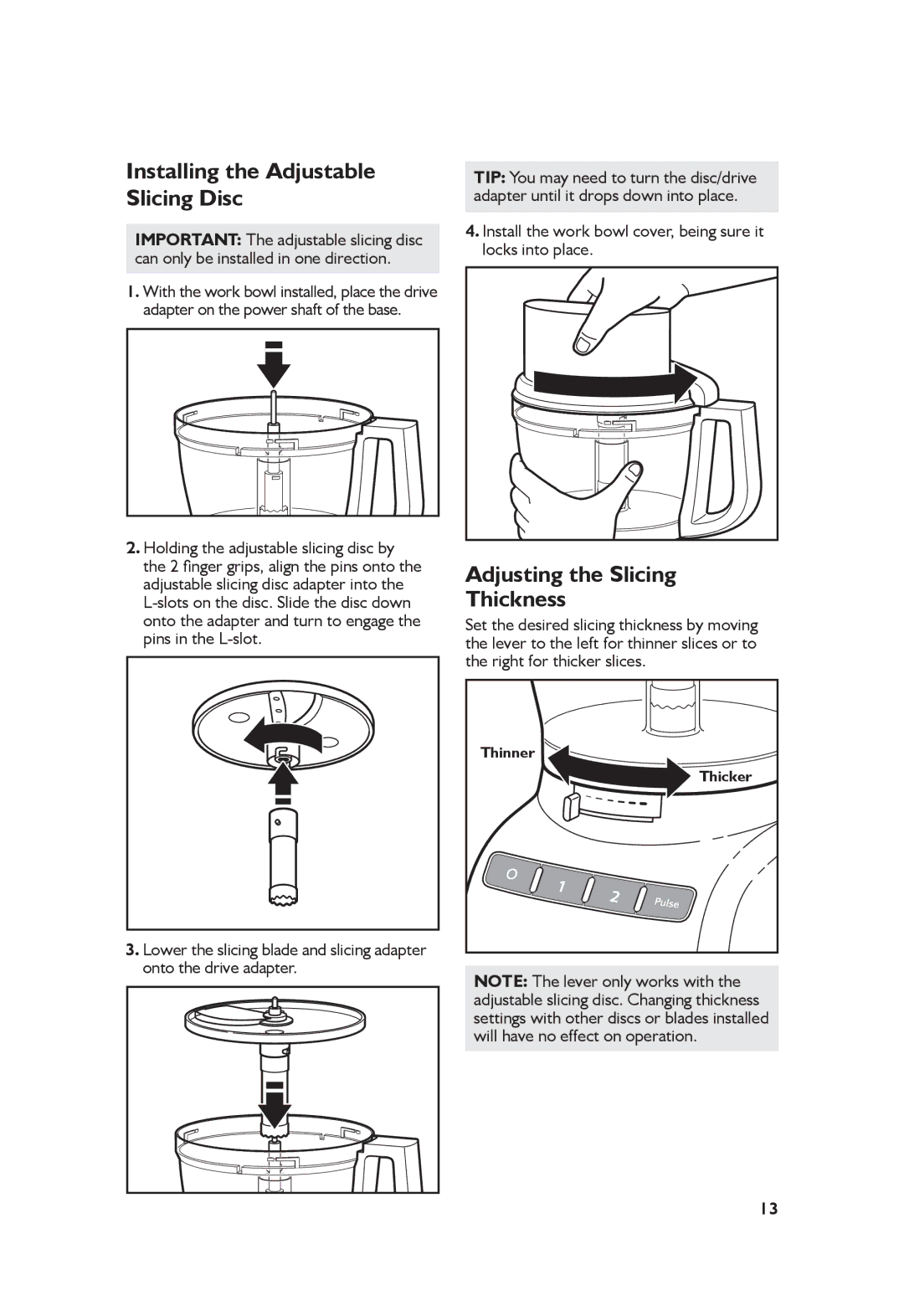 KitchenAid 5KFP1335 manual Installing the Adjustable Slicing Disc, Adjusting the Slicing Thickness 