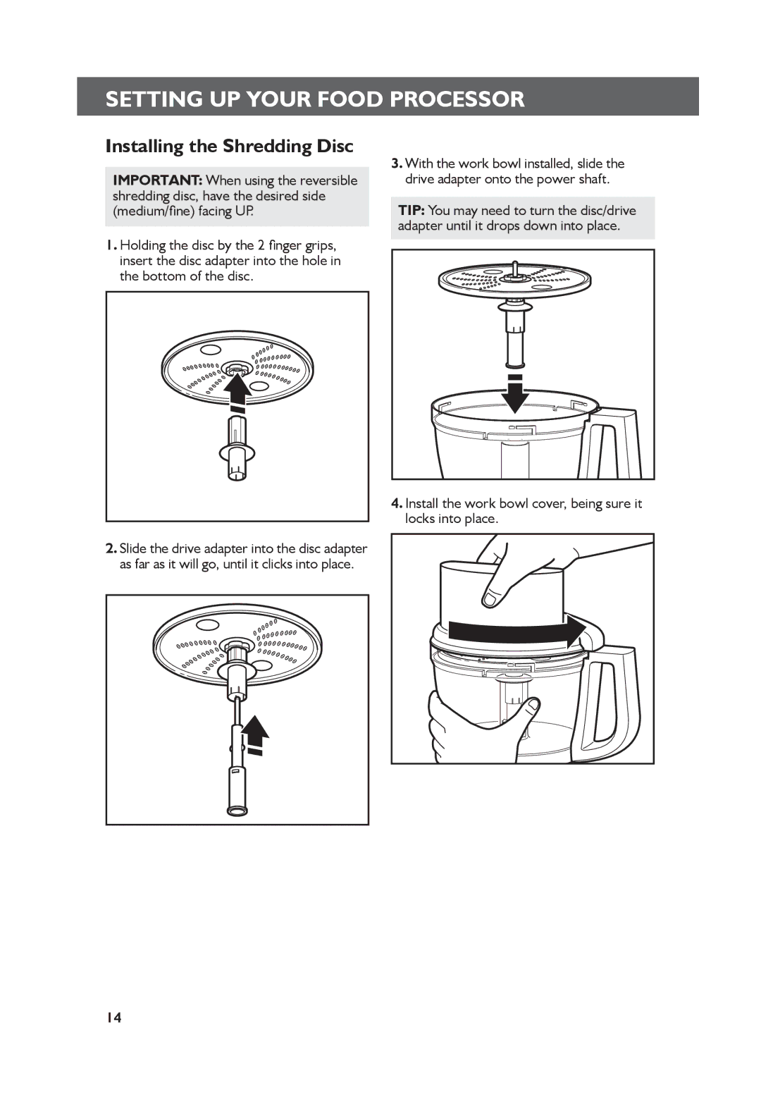 KitchenAid 5KFP1335 manual Installing the Shredding Disc 