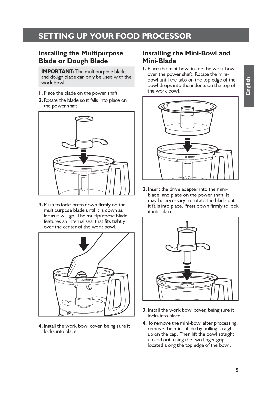 KitchenAid 5KFP1335 manual Installing the Mini-Bowl and Mini-Blade, Installing the Multipurpose Blade or Dough Blade 