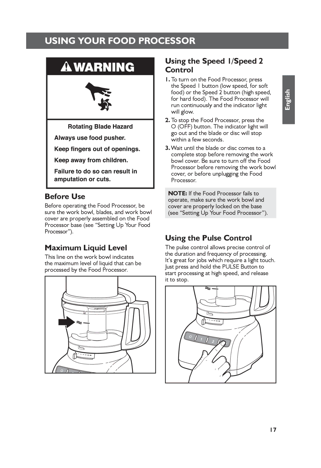 KitchenAid 5KFP1335 manual Using Your Food Processor, Before Use, Maximum Liquid Level, Using the Speed 1/Speed 2 Control 