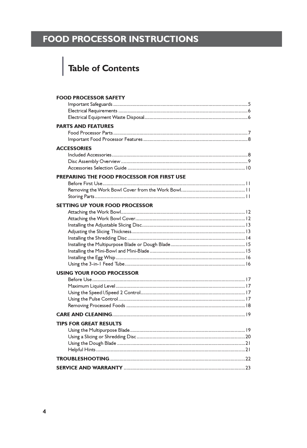 KitchenAid 5KFP1335 manual Food Processor Instructions, Table of Contents 