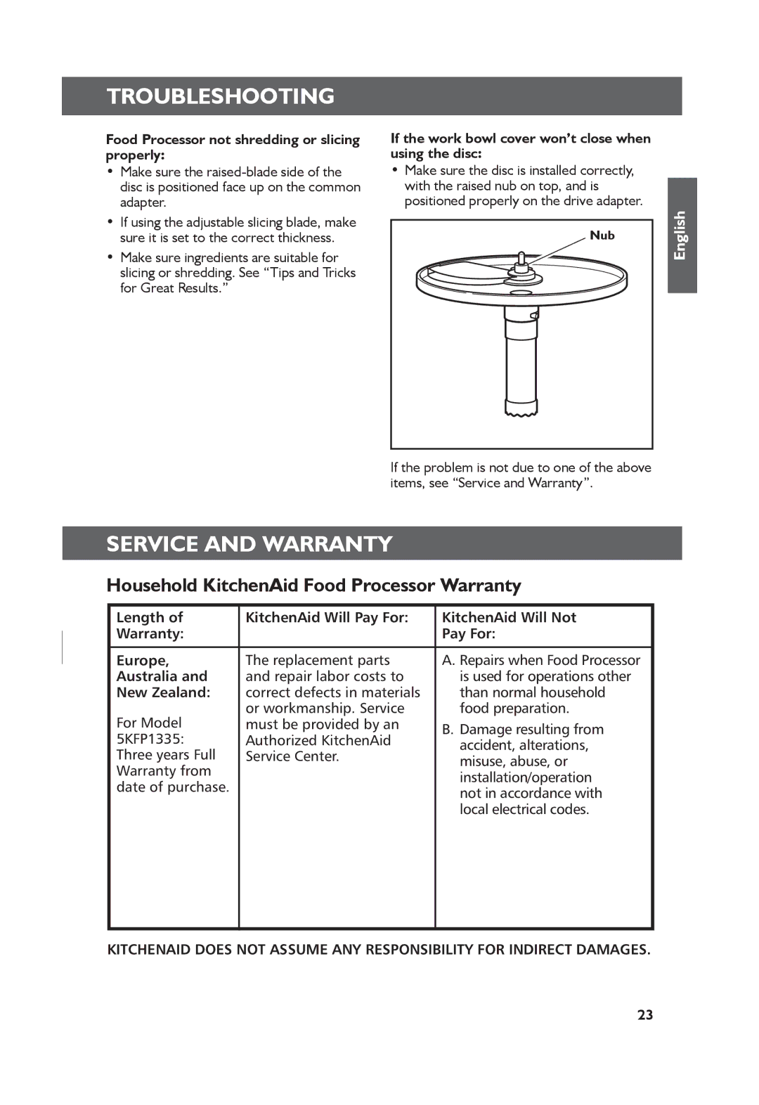 KitchenAid 5KFP1335 manual Service and Warranty, Household KitchenAid Food Processor Warranty 