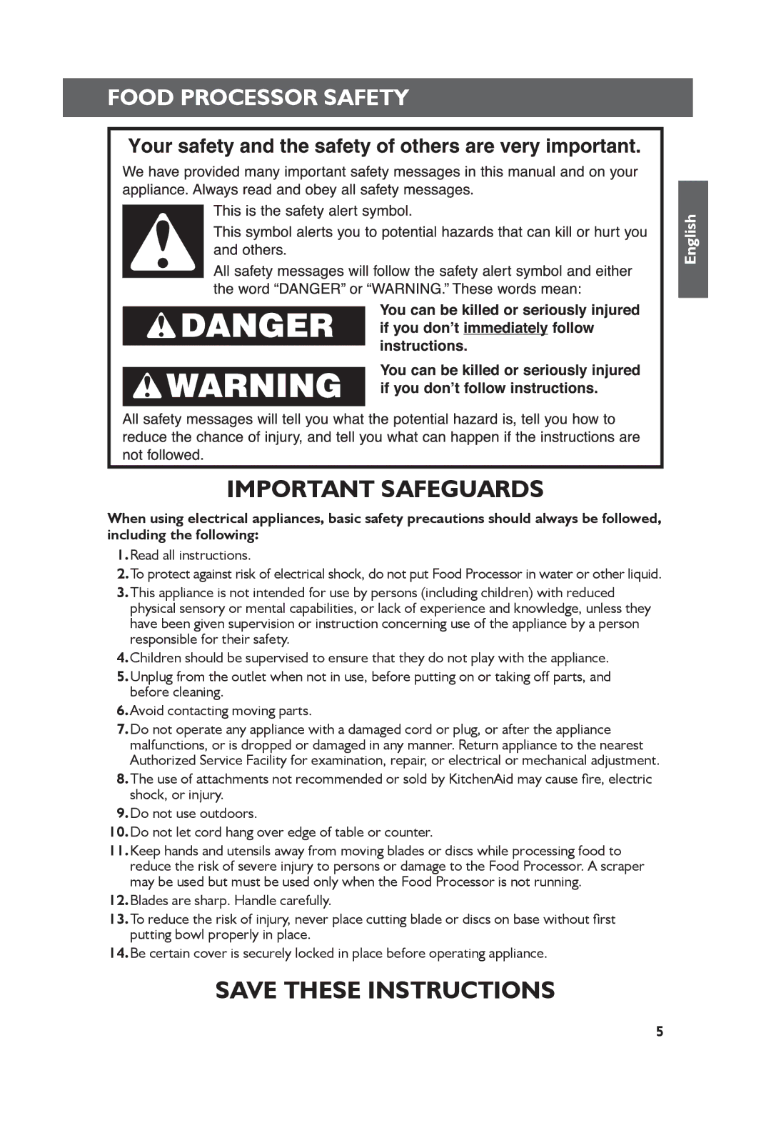 KitchenAid 5KFP1335 manual Food Processor Safety, Read all instructions 