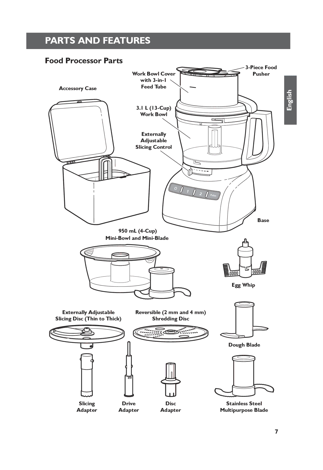 KitchenAid 5KFP1335 manual Parts and Features, Food Processor Parts 