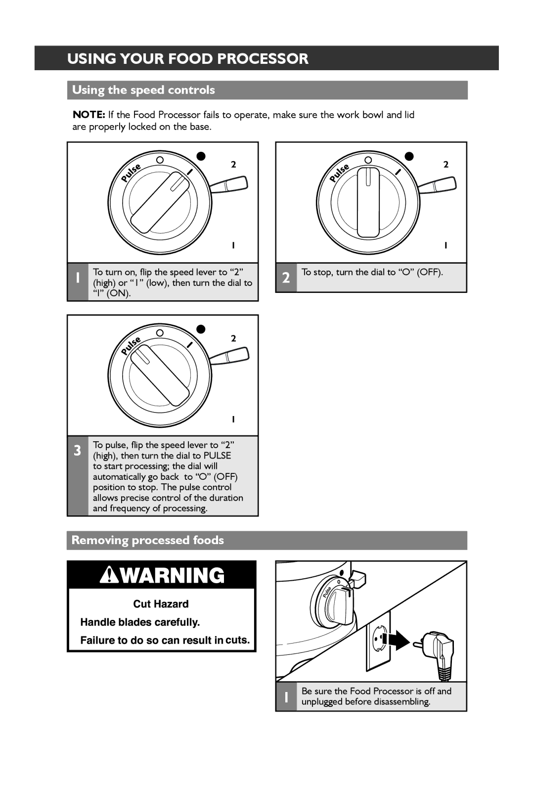 KitchenAid 5KFP1644 manual Using the speed controls, Removing processed foods 