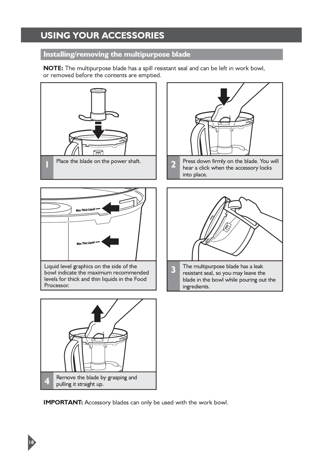 KitchenAid 5KFP1644 manual Installing/removing the multipurpose blade 