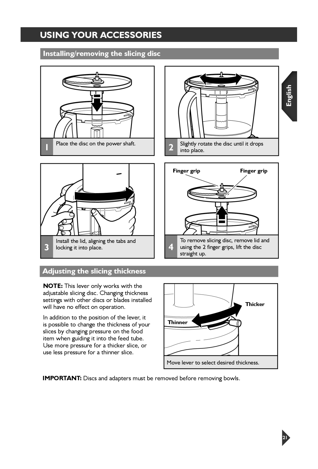 KitchenAid 5KFP1644 manual Installing/removing the slicing disc, Adjusting the slicing thickness, Thicker Thinner 