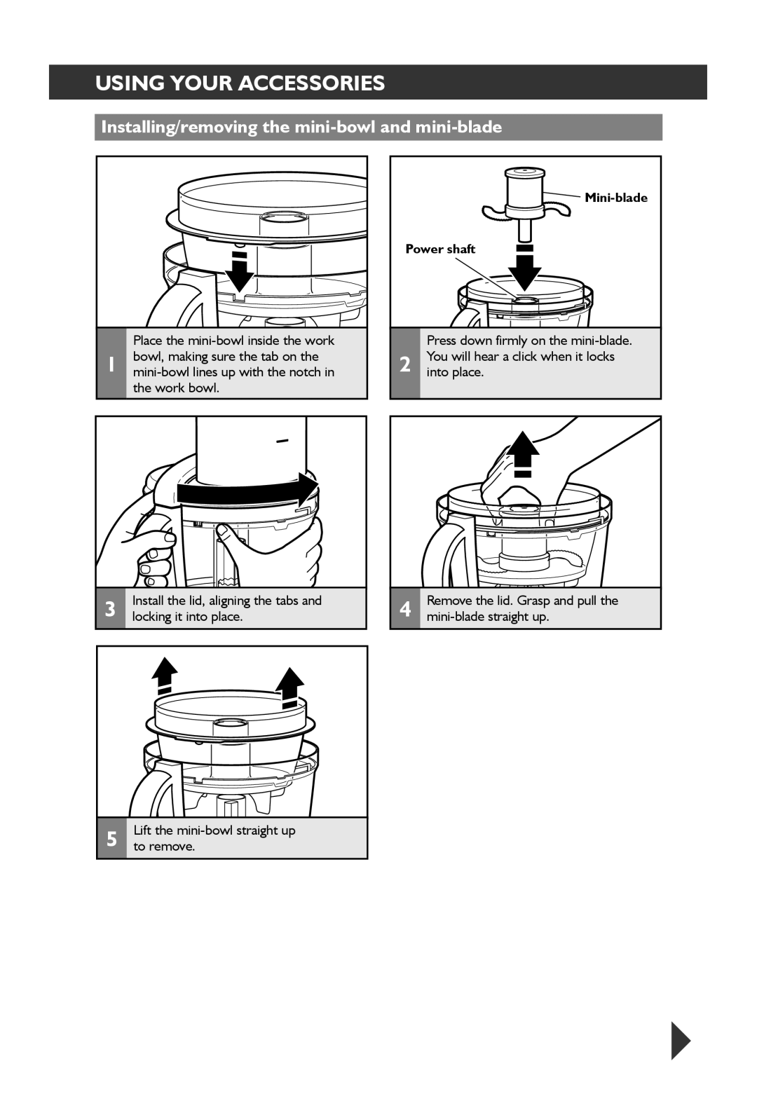 KitchenAid 5KFP1644 manual Installing/removing the mini-bowl and mini-blade, Mini-blade Power shaft 