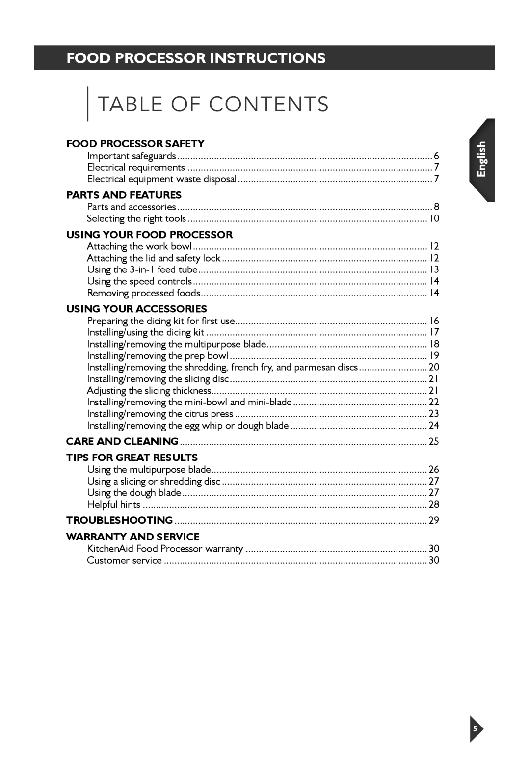 KitchenAid 5KFP1644 manual Table of Contents 