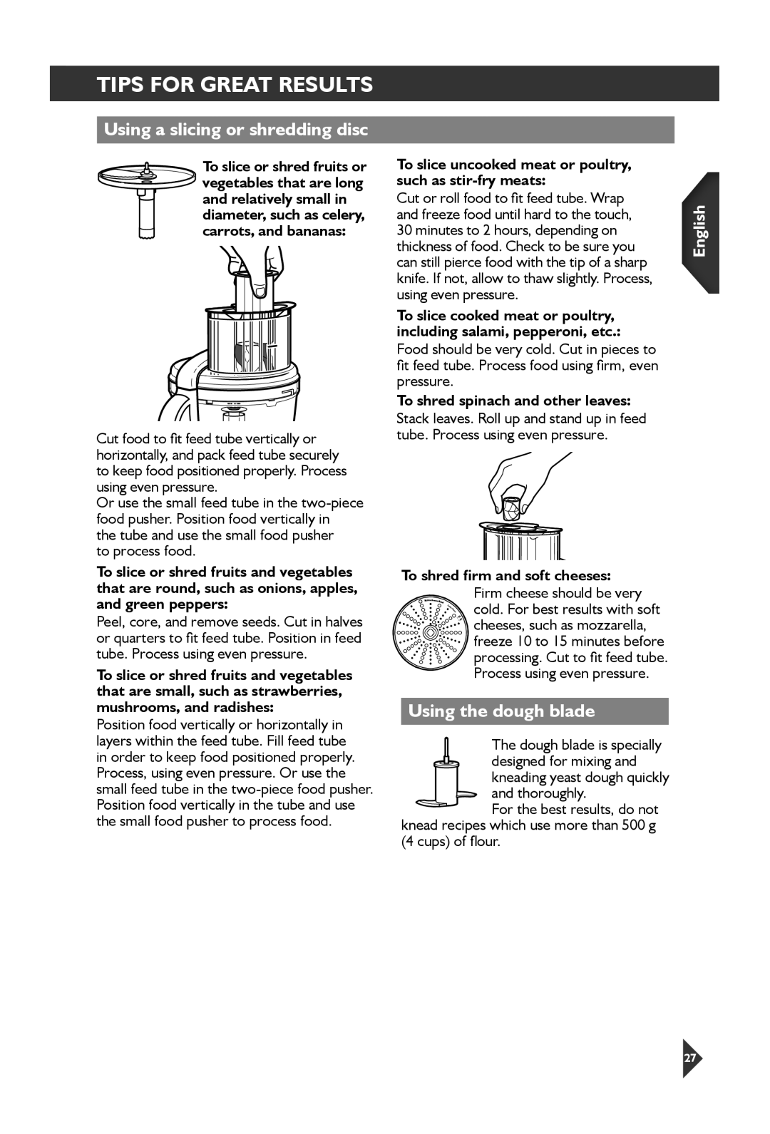 KitchenAid 5KFP1644 manual Using a slicing or shredding disc, Using the dough blade, To slice or shred fruits or 