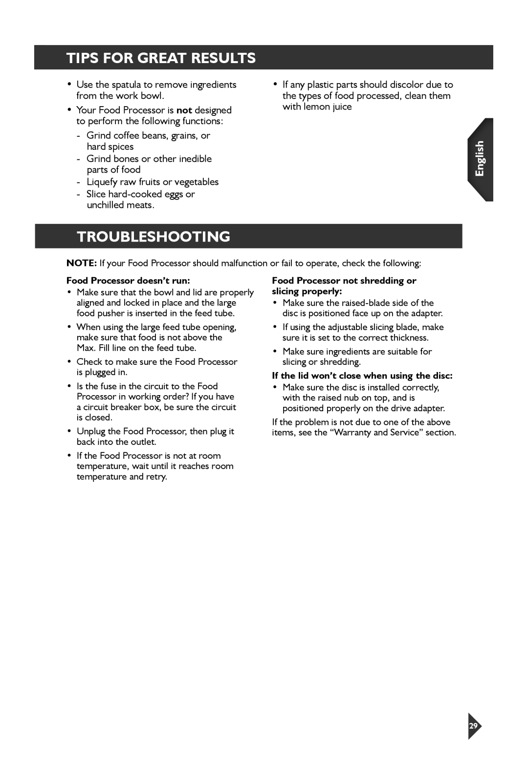 KitchenAid 5KFP1644 manual Troubleshooting, Food Processor doesn’t run, Food Processor not shredding or slicing properly 