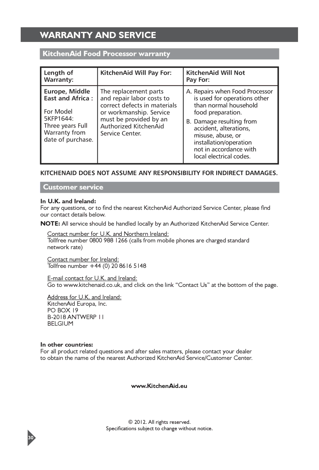 KitchenAid 5KFP1644 manual Warranty and service, KitchenAid Food Processor warranty, Customer service 