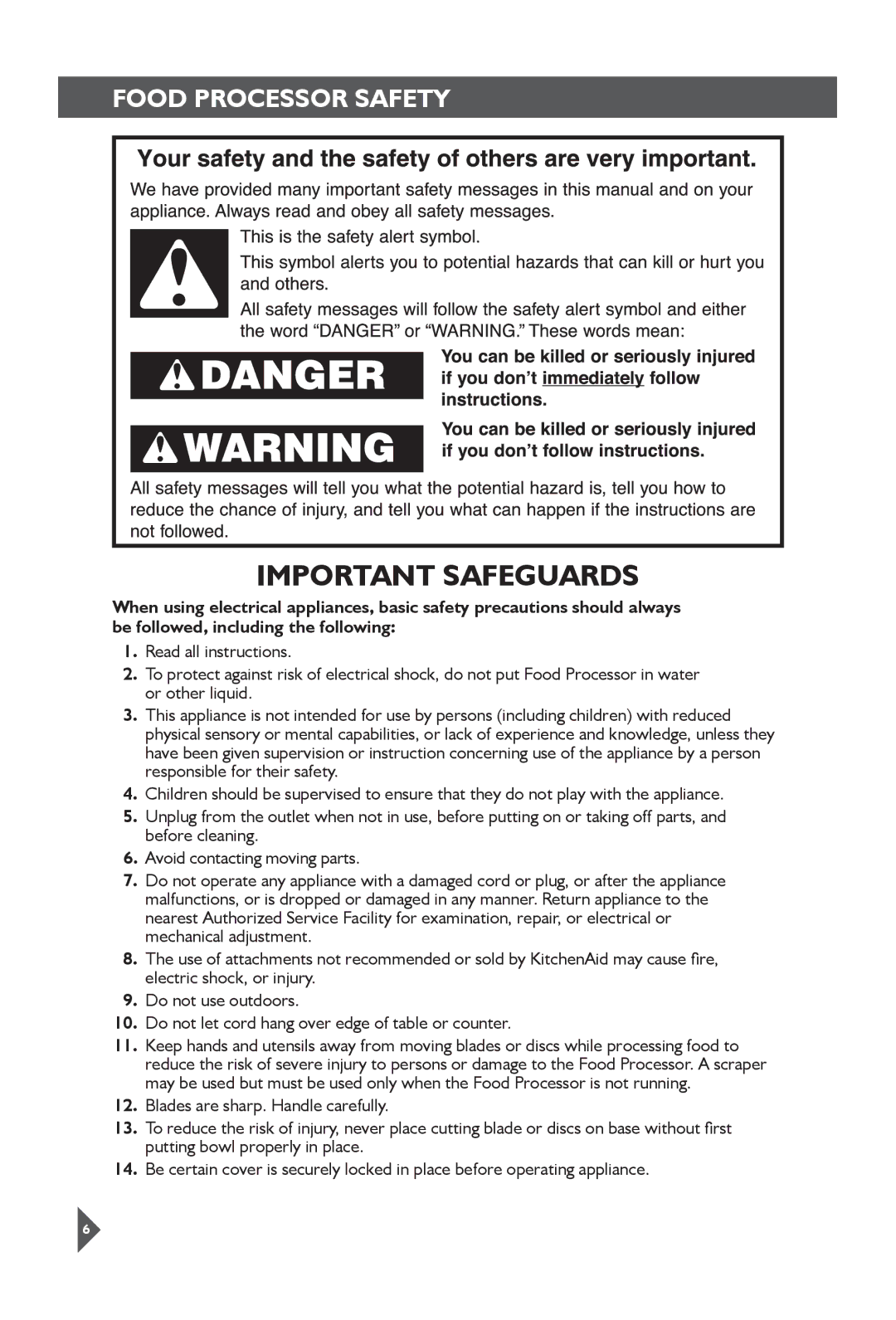 KitchenAid 5KFP1644 manual Important Safeguards, Food Processor Safety 