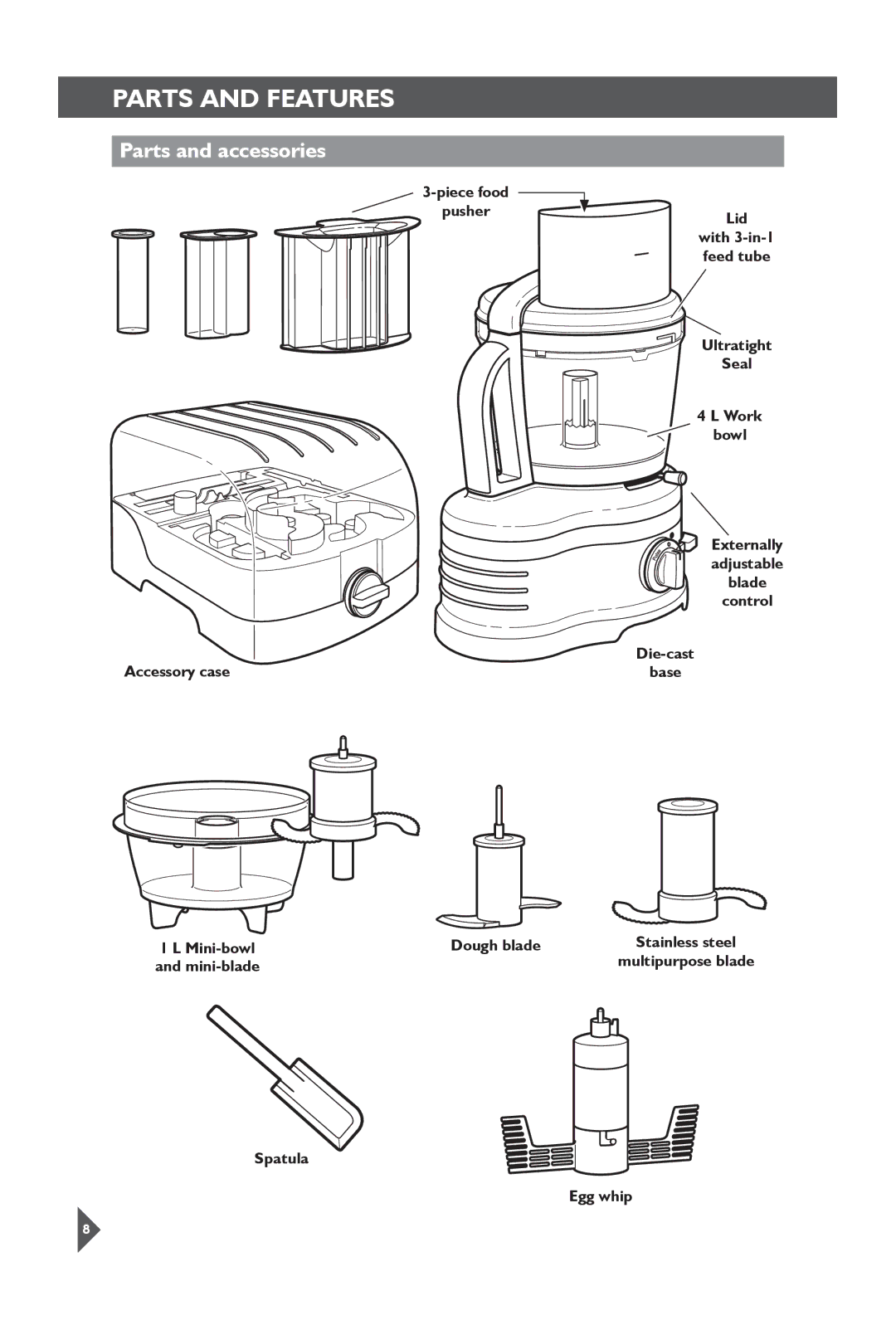 KitchenAid 5KFP1644 manual Parts and Features, Parts and accessories, Accessory case, Dough blade, Spatula Egg whip 