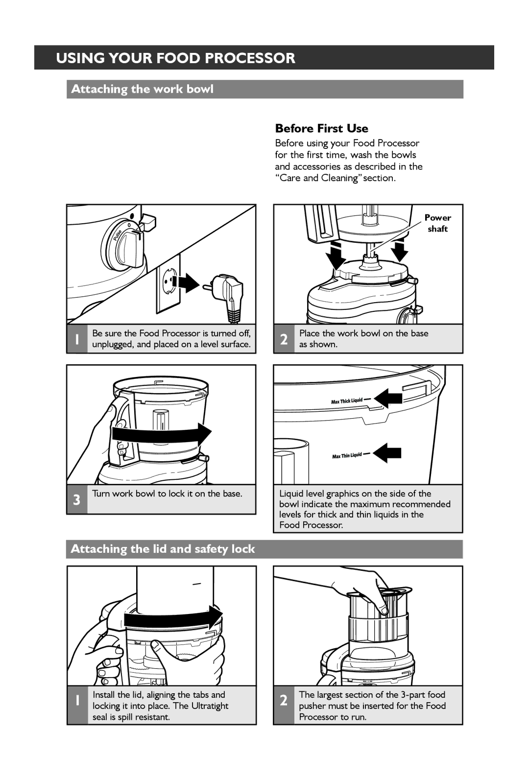 KitchenAid 5KFP1644 Using Your Food Processor, Attaching the work bowl, Attaching the lid and safety lock, Power Shaft 