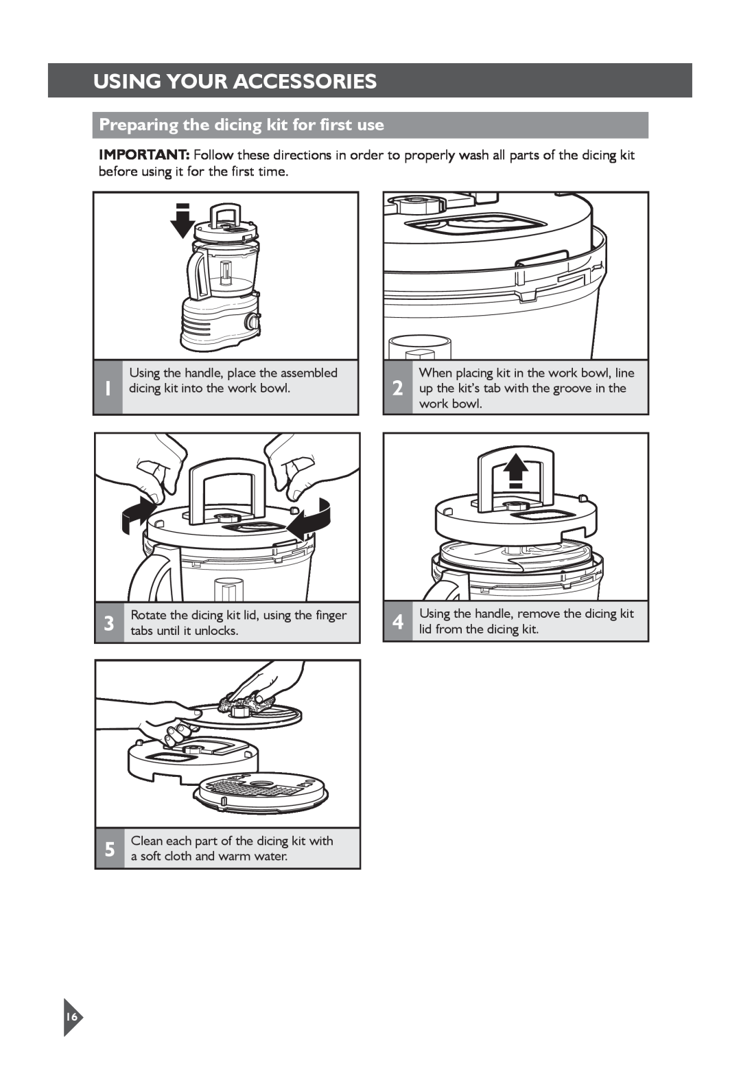 KitchenAid 5KFP1644 manual Using Your Accessories, Preparing the dicing kit for first use 