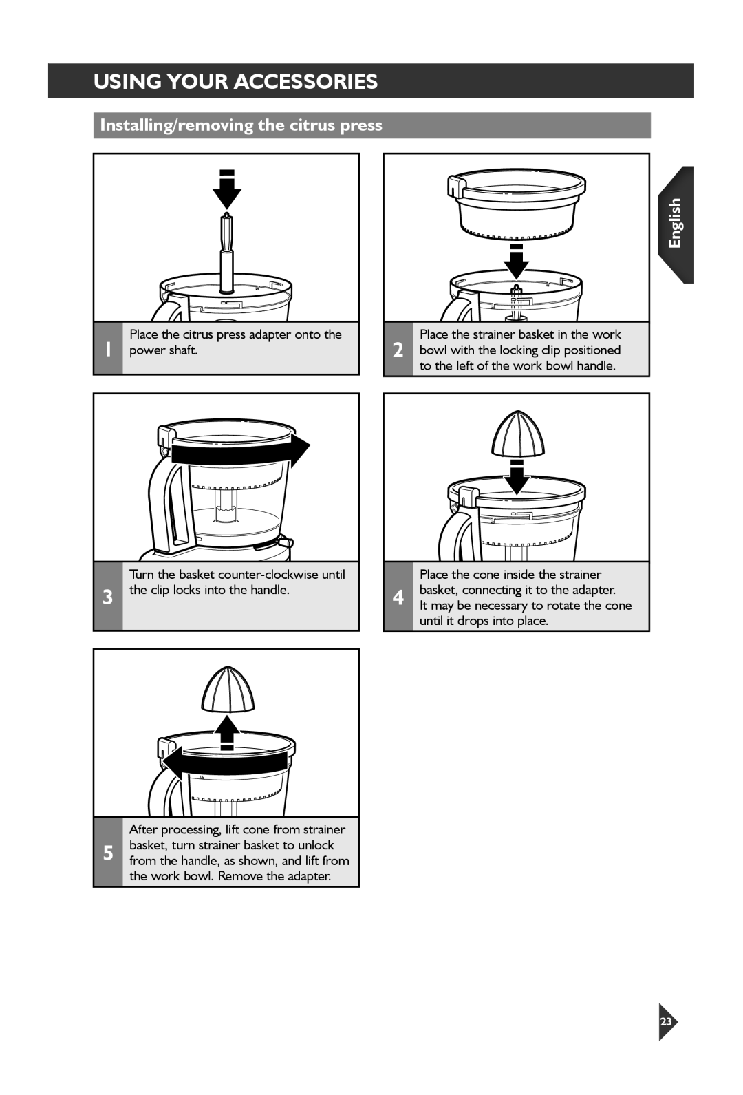 KitchenAid 5KFP1644 manual Installing/removing the citrus press, Using Your Accessories, English 