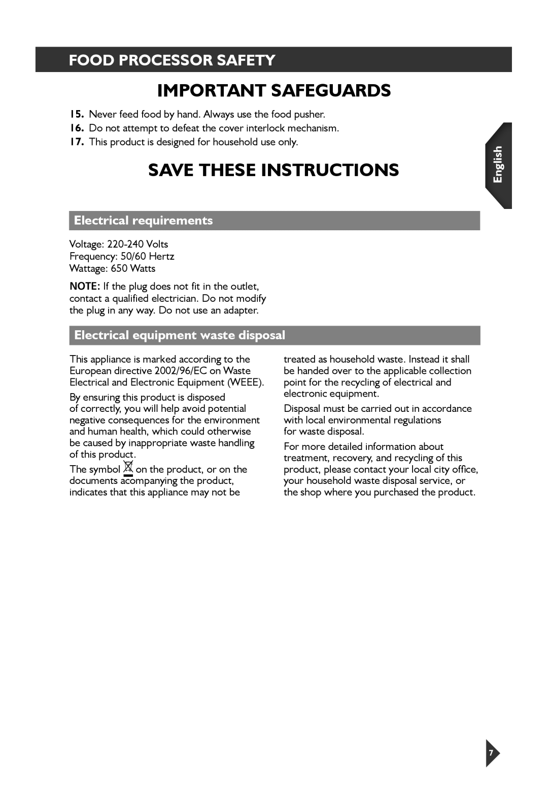 KitchenAid 5KFP1644 manual Save These Instructions, Electrical requirements, Electrical equipment waste disposal, English 