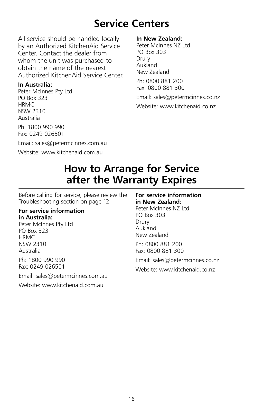 KitchenAid 5KFPCB700A manual Service Centers, How to Arrange for Service after the Warranty Expires 