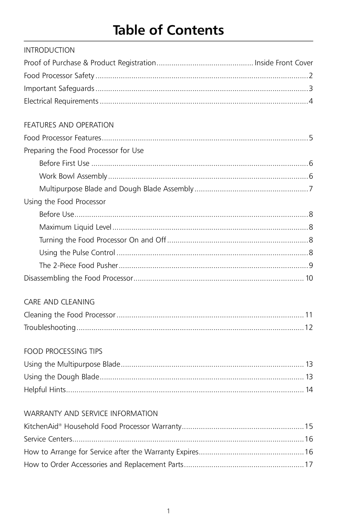 KitchenAid 5KFPCB700A manual Table of Contents 