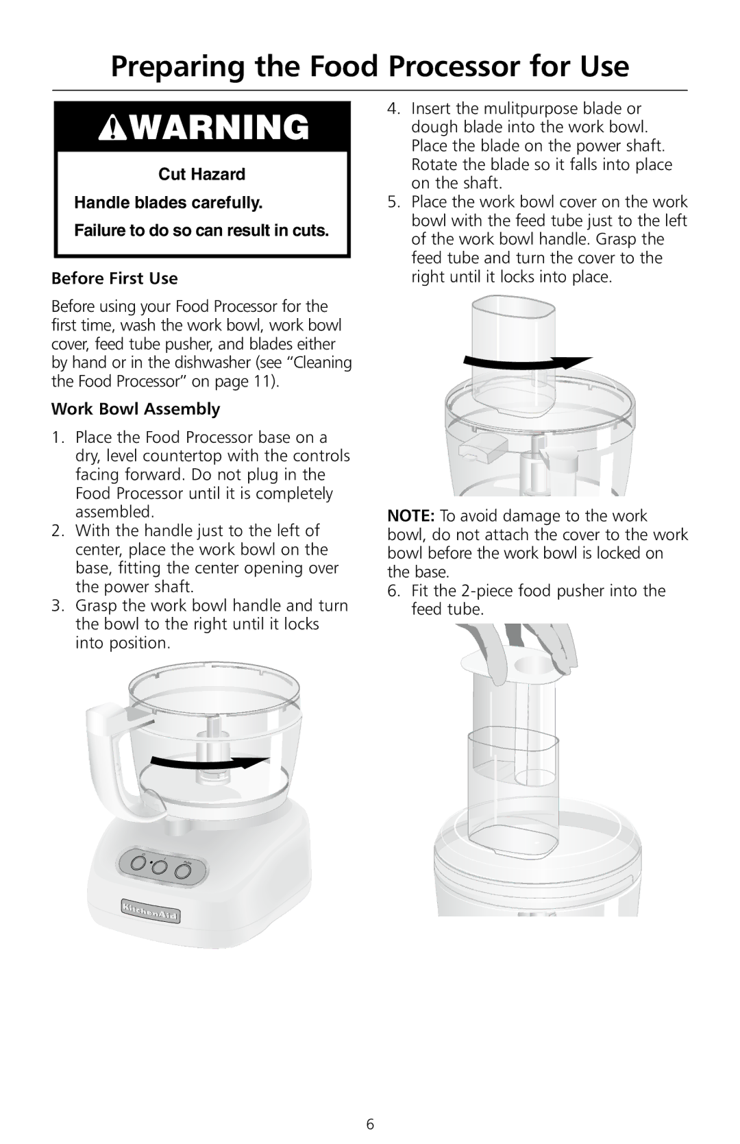 KitchenAid 5KFPCB700A manual Preparing the Food Processor for Use, Work Bowl Assembly 