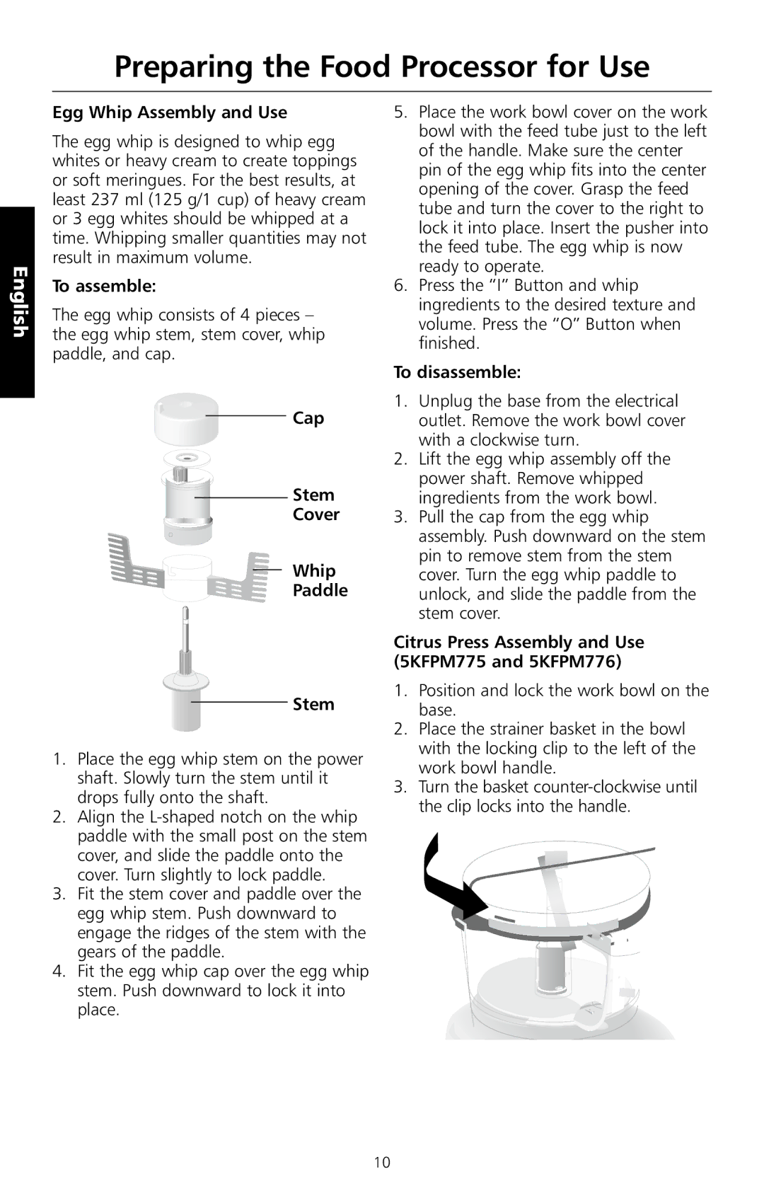 KitchenAid 5KFPM775, 5KFPM776, 5KFPM771 Egg Whip Assembly and Use, To assemble, Cap Stem Cover Whip Paddle, To disassemble 