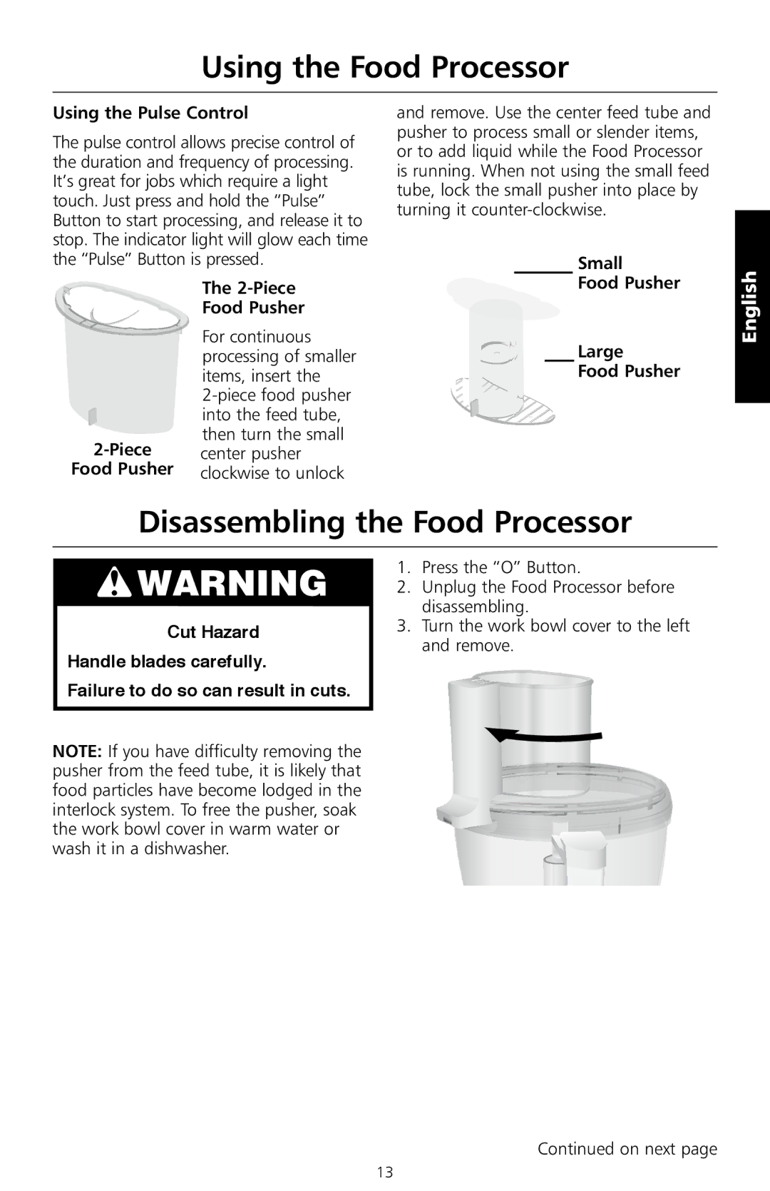 KitchenAid 5KFPM775, 5KFPM776 Disassembling the Food Processor, Using the Pulse Control, Small Piece Food Pusher 2-Piece 