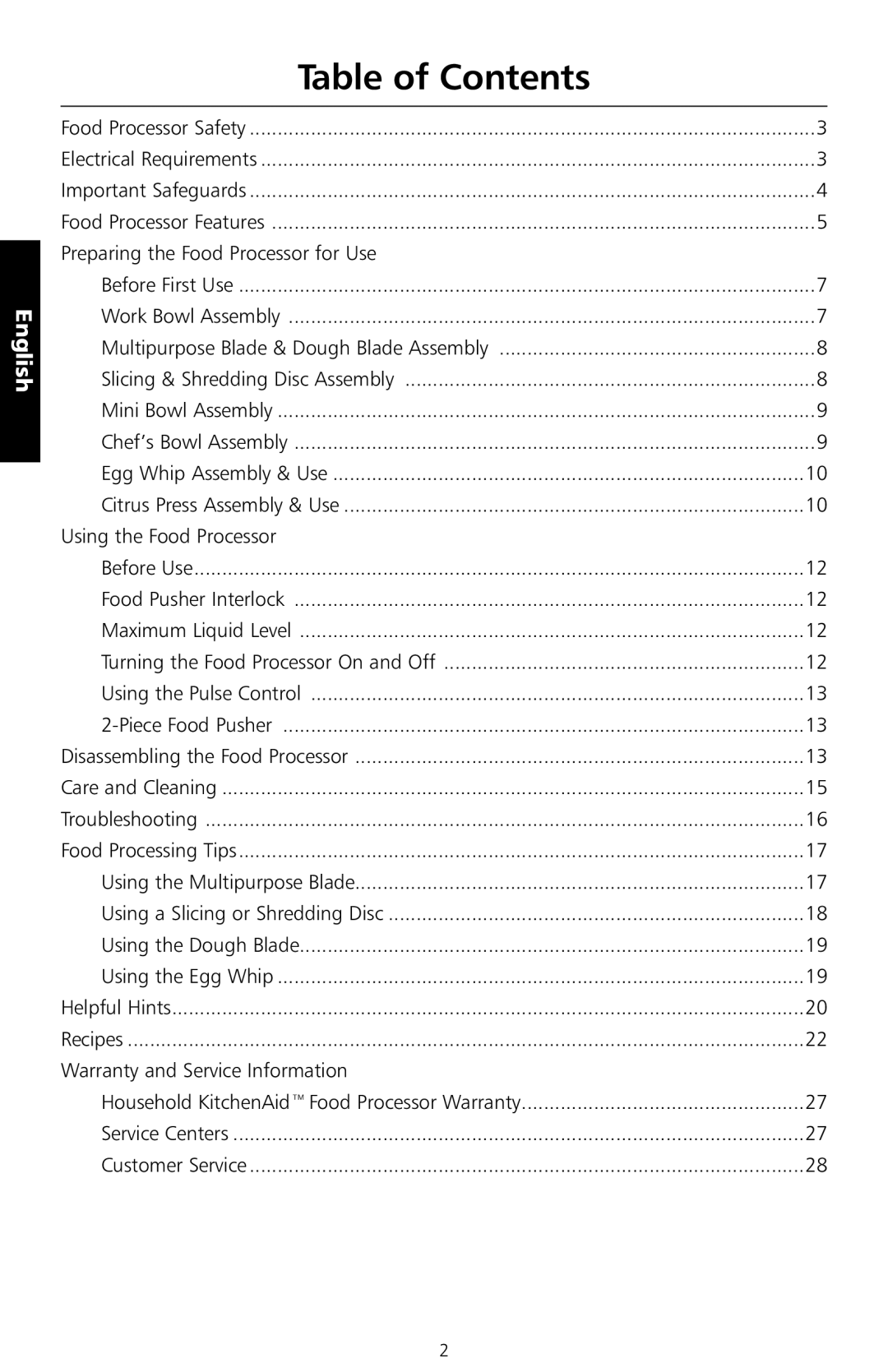 KitchenAid 5KFPM771, 5KFPM776, 5KFPM775 manual Table of Contents 