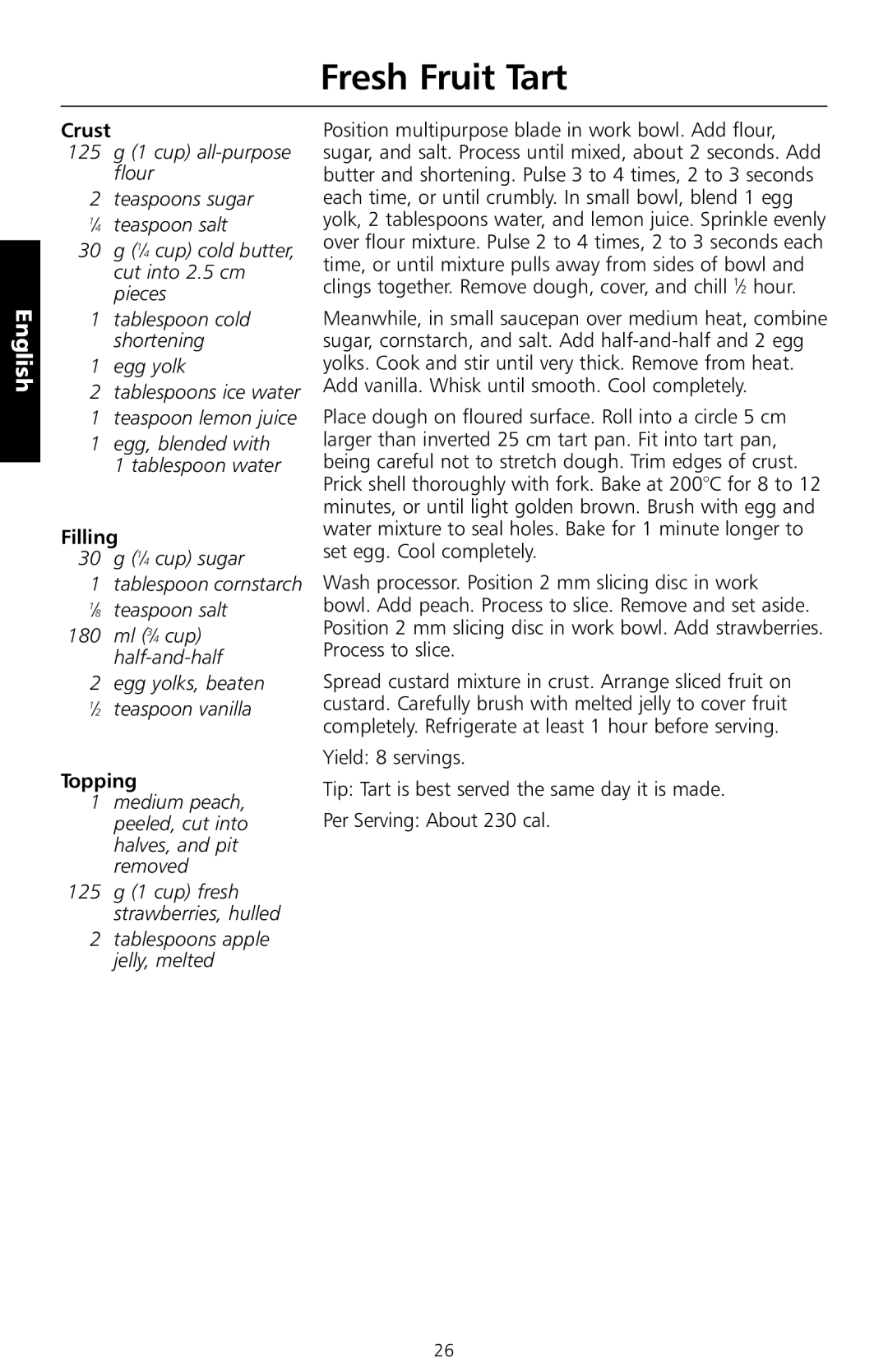 KitchenAid 5KFPM771, 5KFPM776, 5KFPM775 manual Fresh Fruit Tart, Crust, Filling, Topping 