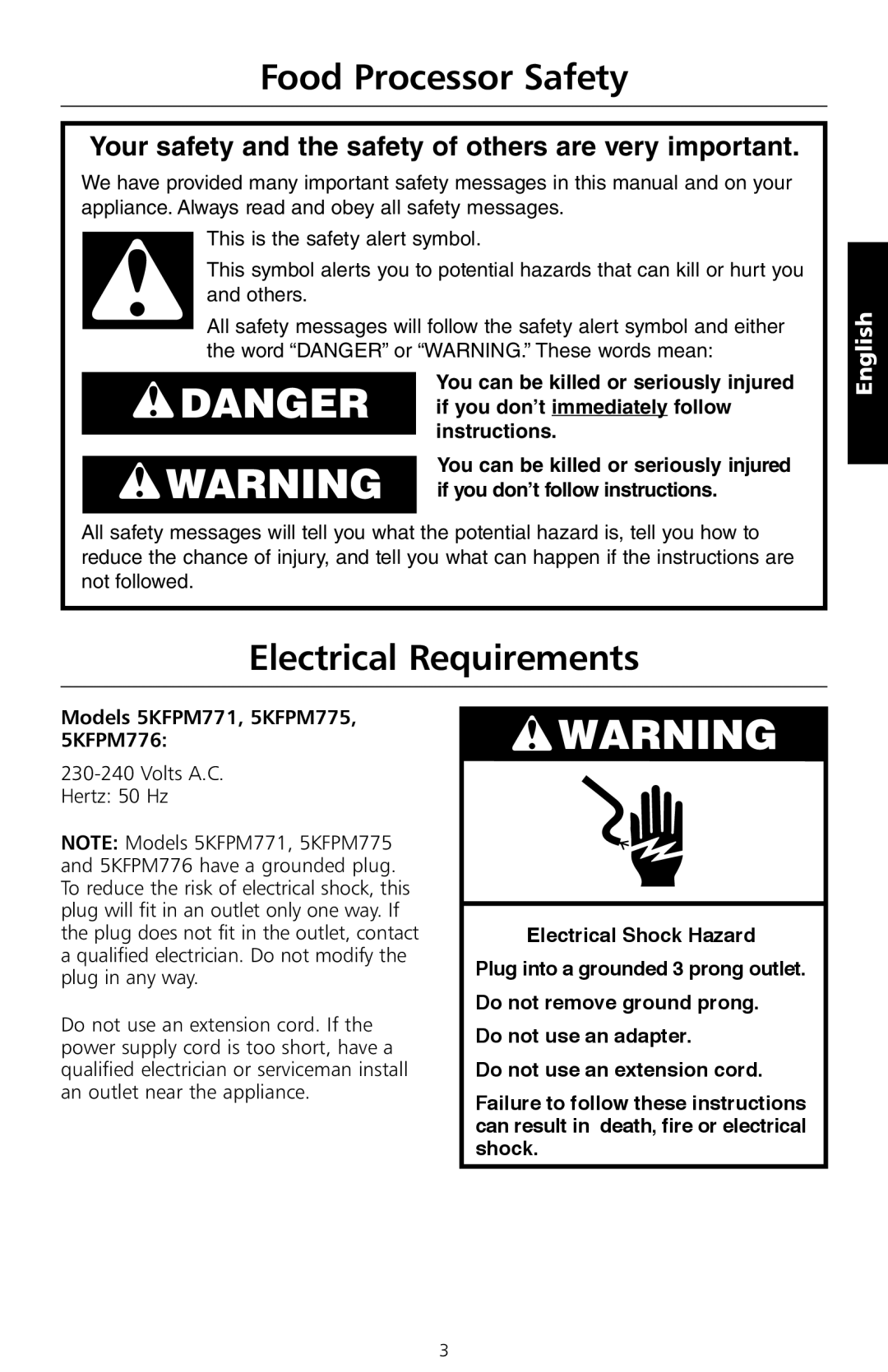 KitchenAid 5KFPM776, 5KFPM775 manual Food Processor Safety, Electrical Requirements, You can be killed or seriously injured 