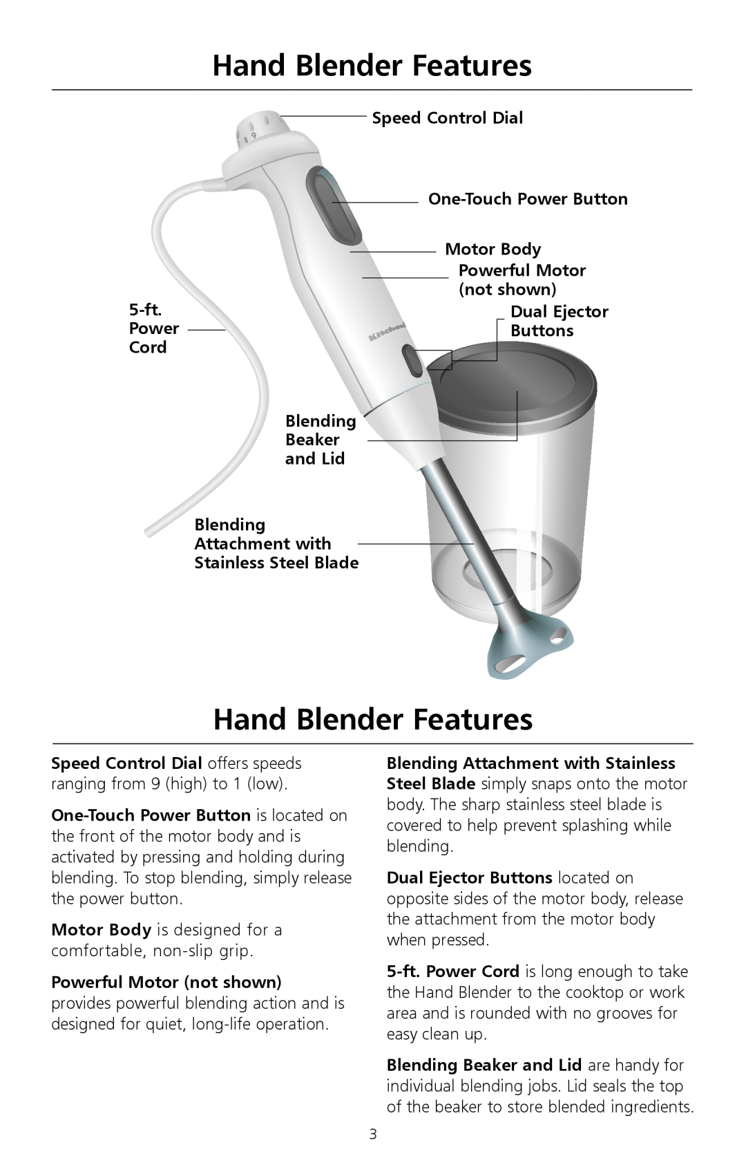 KitchenAid 5KHB100 Hand Blender Features, Speed Control Dial, One-Touch Power Button, Motor Body, Powerful Motor, 5-ft 