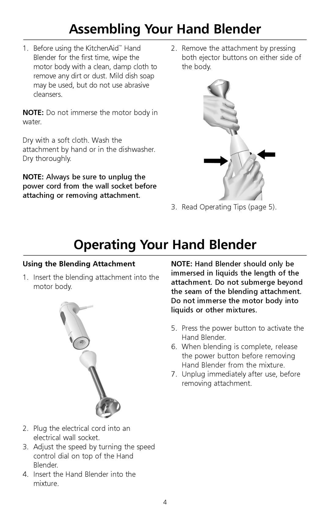 KitchenAid 5KHB100 manual Assembling Your Hand Blender, Operating Your Hand Blender, Using the Blending Attachment 