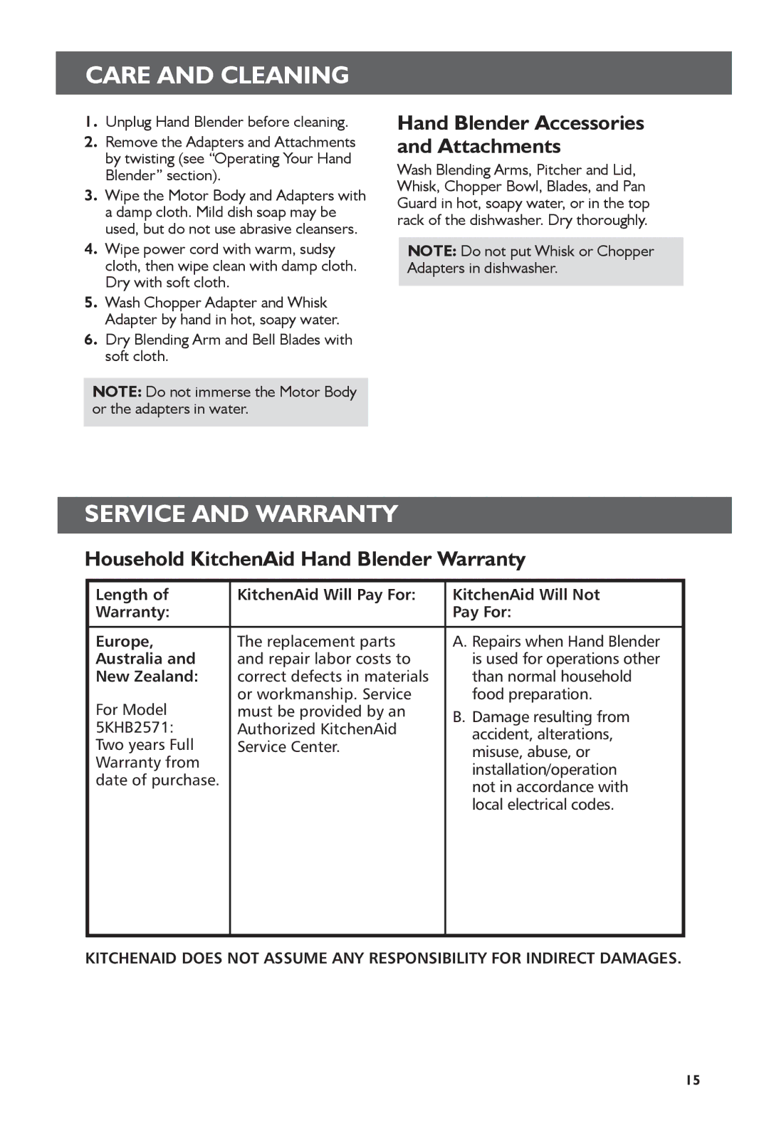 KitchenAid 5KHB2571 manual Care and Cleaning, Service and Warranty, Household KitchenAid Hand Blender Warranty, Australia 