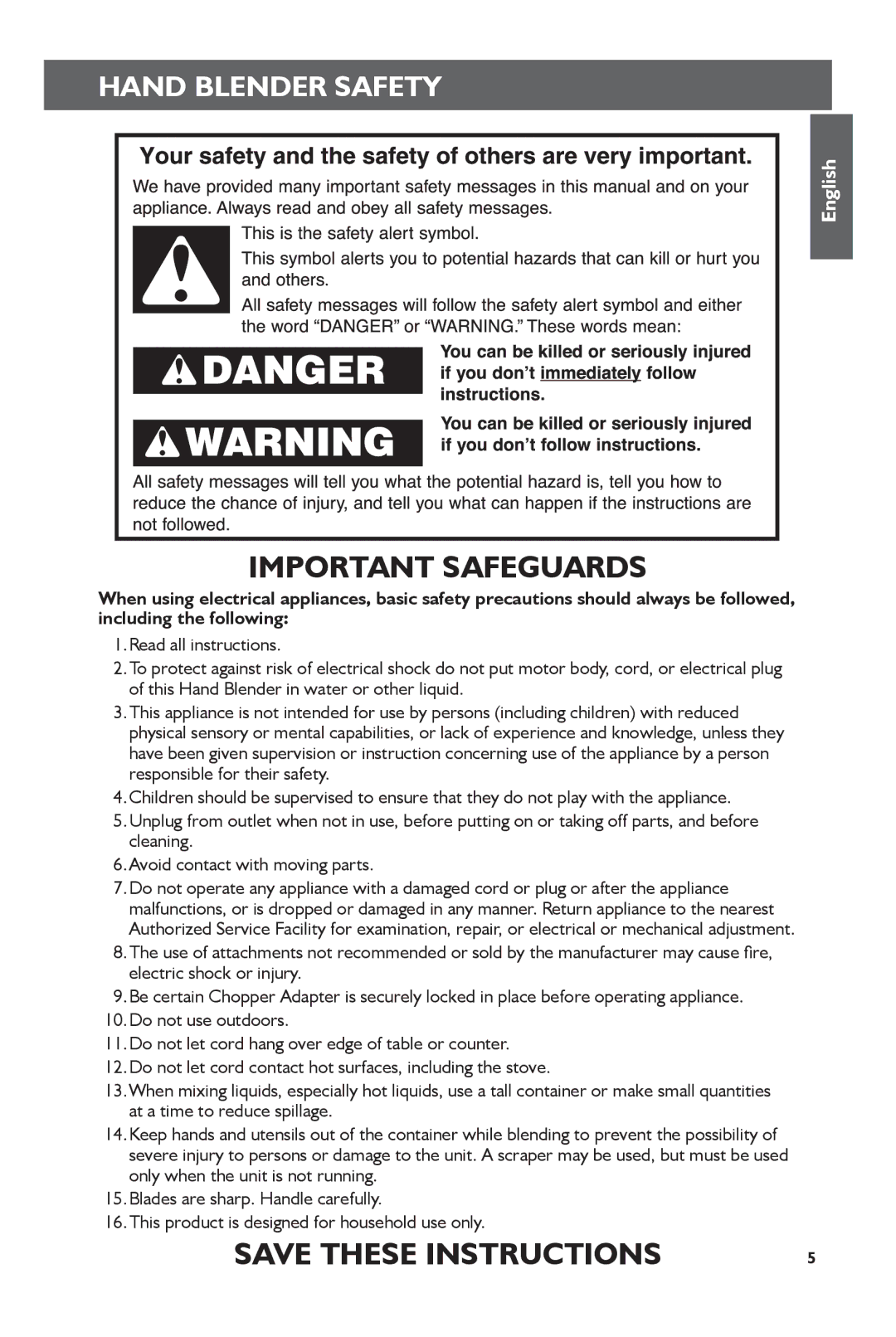 KitchenAid 5KHB2571 manual Important Safeguards, Hand Blender Safety 