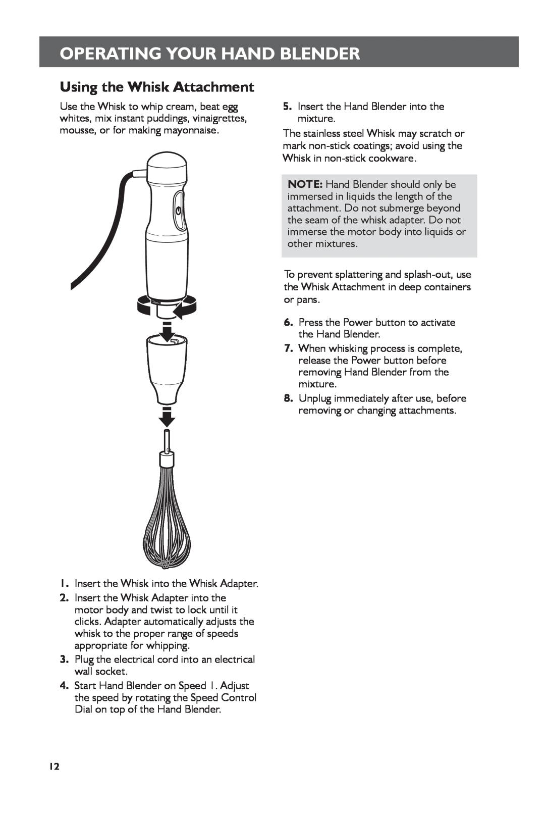 KitchenAid 5KHB2571 manual Using the Whisk Attachment, Operating Your Hand Blender 