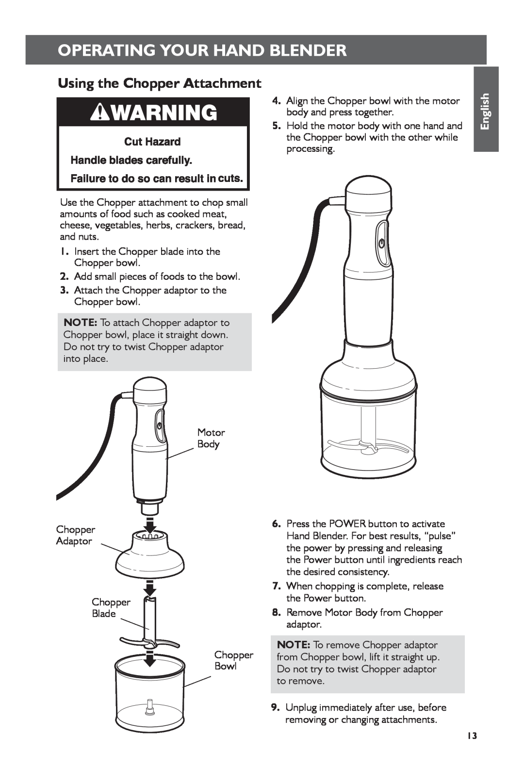 KitchenAid 5KHB2571 manual Using the Chopper Attachment, Operating Your Hand Blender, English 
