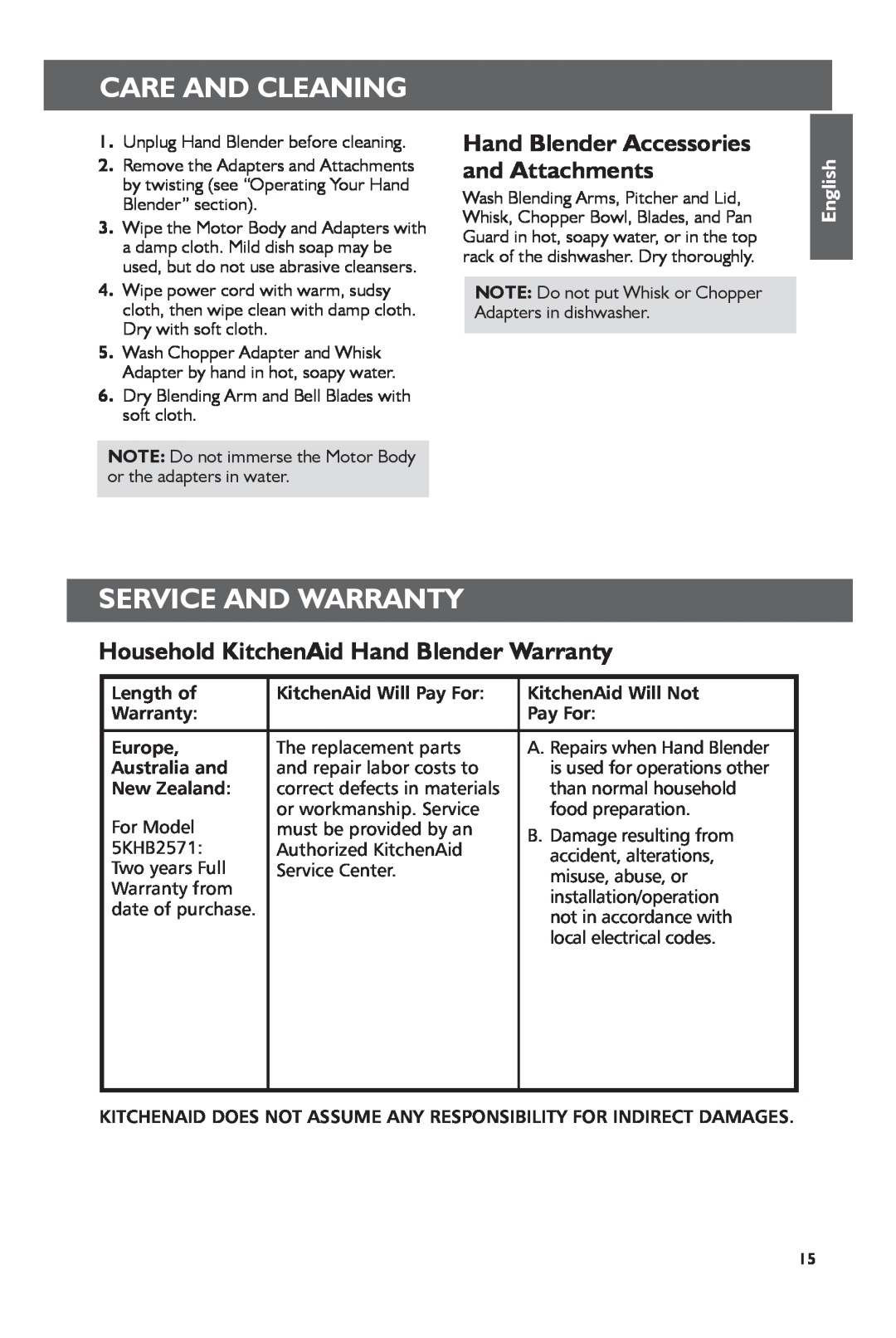 KitchenAid 5KHB2571 manual Care and Cleaning, Service and Warranty, Household KitchenAid Hand Blender Warranty, English 