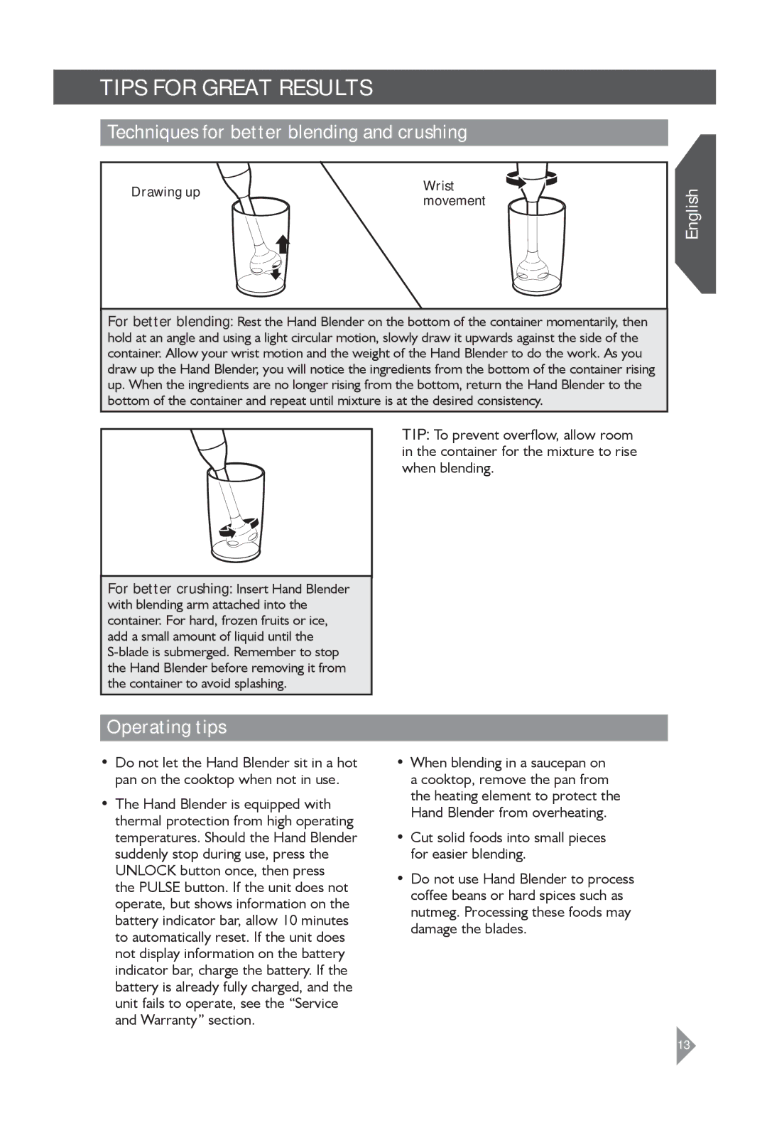 KitchenAid 5KHB3583 Tips for great results, Techniques for better blending and crushing, Operating tips, Drawing up Wrist 