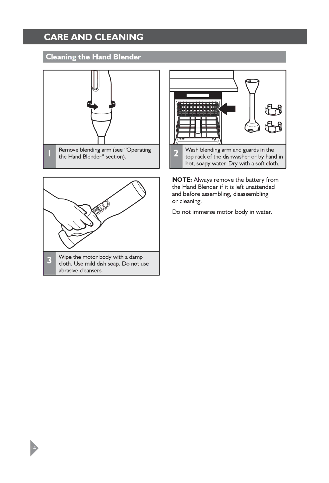 KitchenAid 5KHB3583 manual Care and cleaning, Cleaning the Hand Blender 