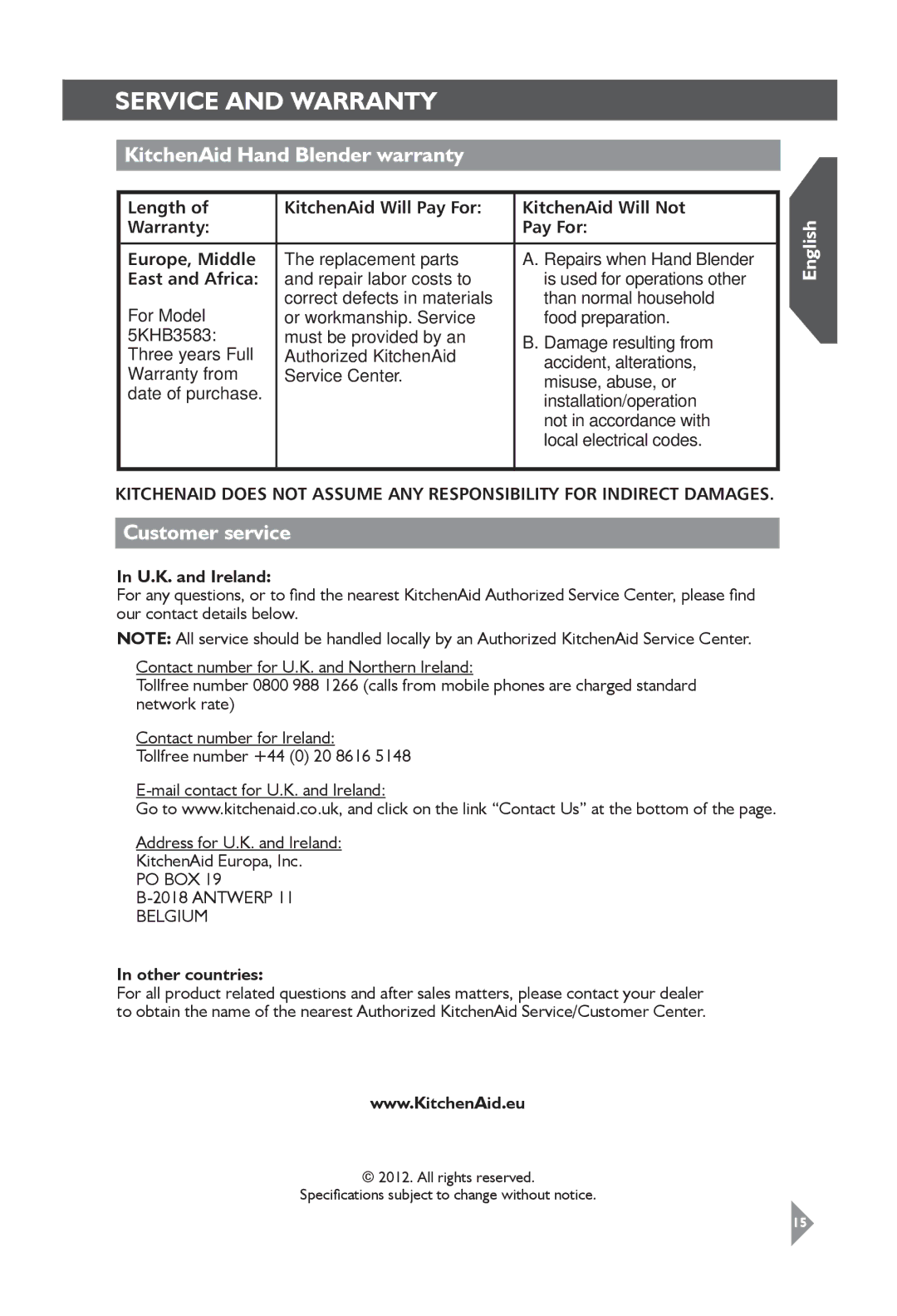 KitchenAid 5KHB3583 manual SErVice and warranty, KitchenAid Hand Blender warranty, Customer service 