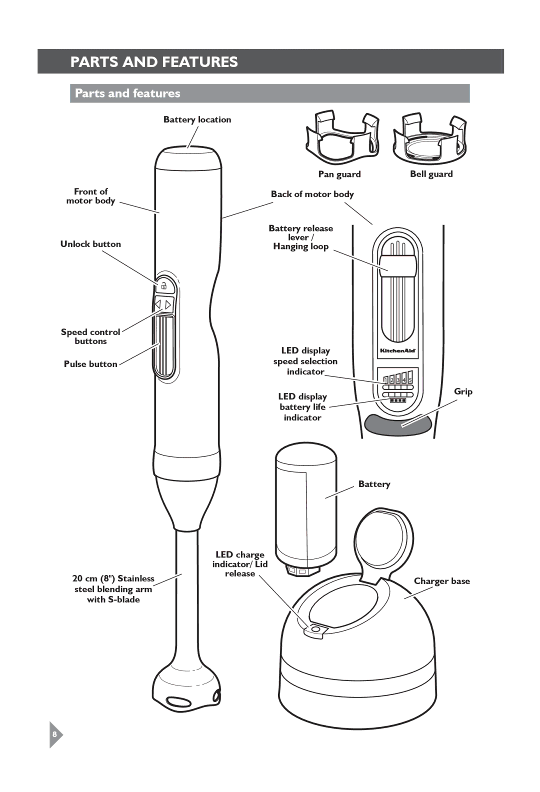 KitchenAid 5KHB3583 manual Parts and Features, Parts and features 