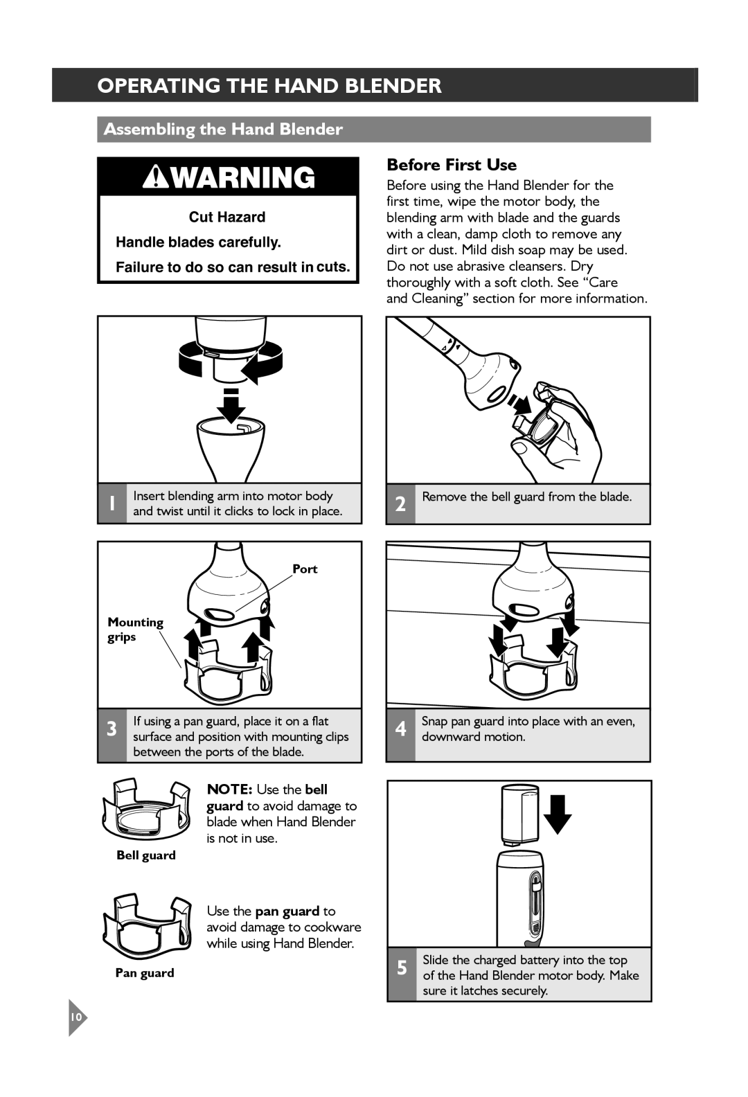 KitchenAid 5KHB3583 manual Assembling the Hand Blender, Port Mounting grips, Bell guard 