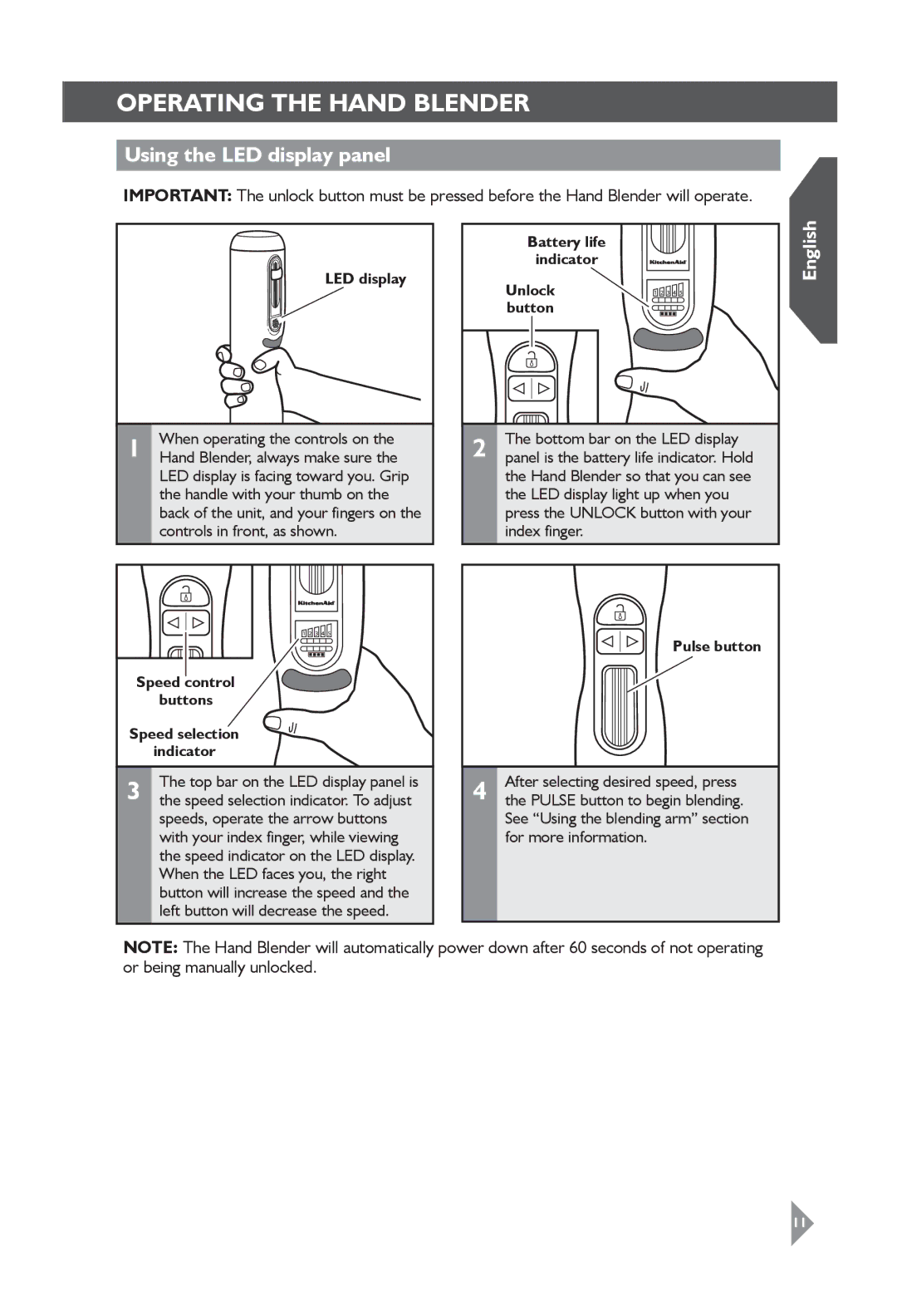 KitchenAid 5KHB3583 Using the LED display panel, Battery life Indicator, Speed control Buttons Speed selection Indicator 