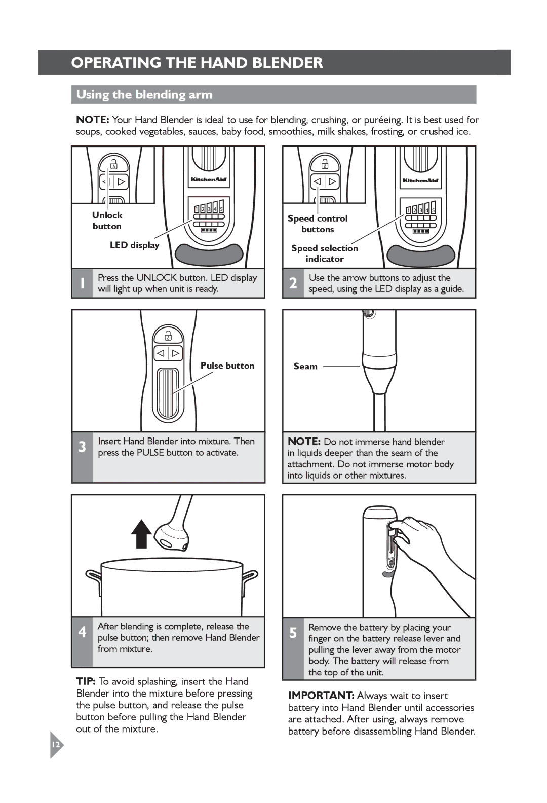 KitchenAid 5KHB3583 manual Using the blending arm, Unlock button LED display, Seam 