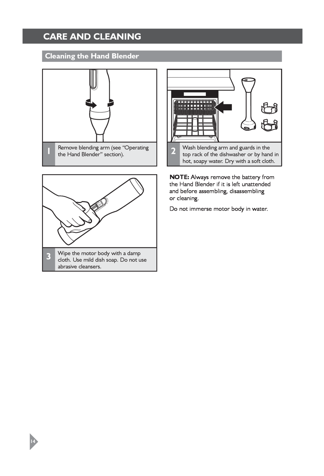 KitchenAid 5KHB3583 manual care and cleaning, Cleaning the Hand Blender, Remove blending arm see “Operating 