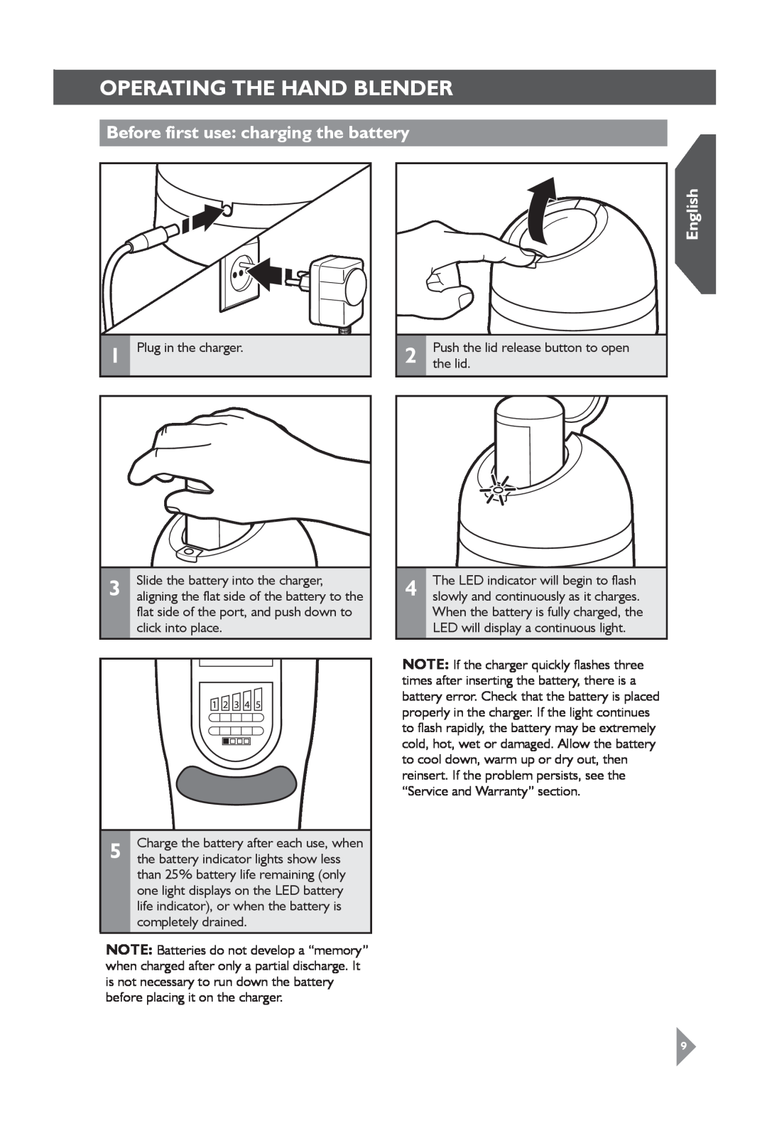 KitchenAid 5KHB3583 manual Operating the hand blender, Before first use charging the battery, English 
